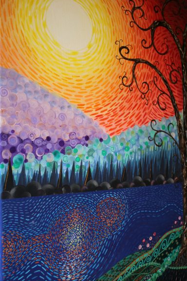Bunte Landschaft mit Bergen, See und Sonne, stilisierte Baumäste im Vordergrund.