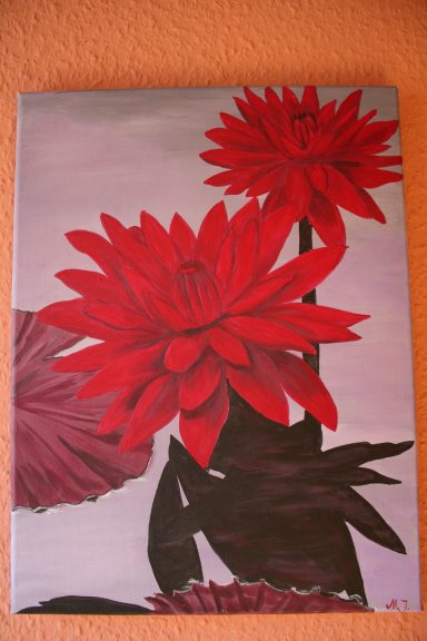 Rote Wasserlilien mit grünen Blättern vor einem grauen Hintergrund.